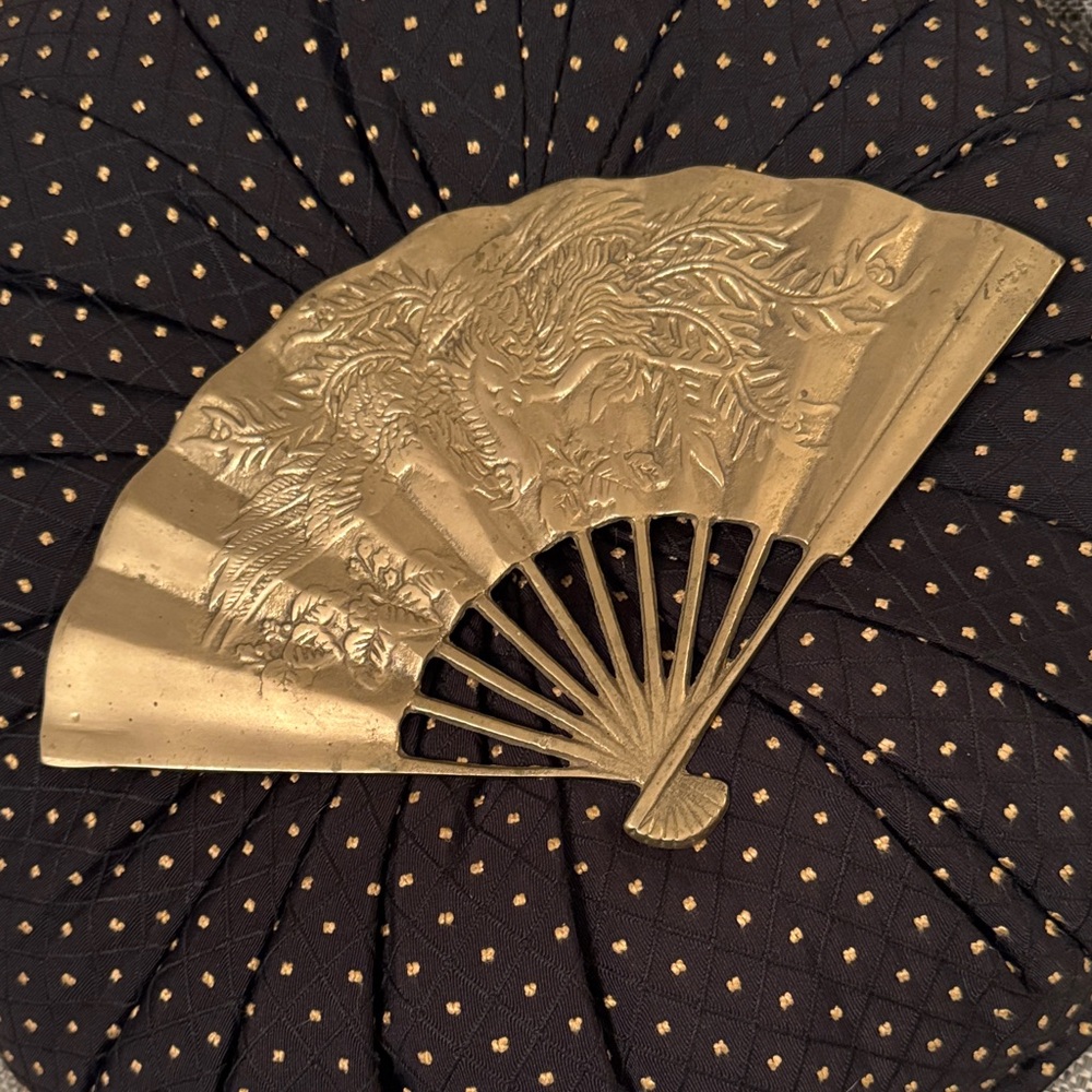 Vintage Brass Wall Fan - Asian Inspired Embossed Decor